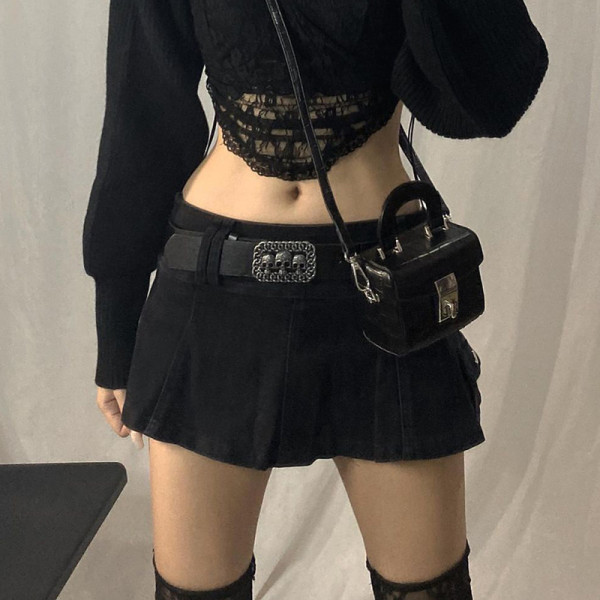 Solid color personality street hot girl style women's denim pleated skirt short skirt