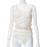 Solid Color One Shoulder Sleeveless Mesh Sheer Tank Top T-Shirt