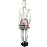 Plaid Print Fashion Casual Two Piece Wrap Skirt Set