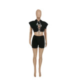 Eyelet Tie Hooded Short Sleeve Solid Shorts Set