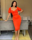 Solid Pleated Short Sleeve Open Back Stretch Fitted Dress