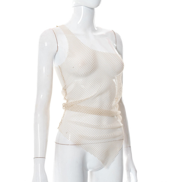 Solid Color One Shoulder Sleeveless Mesh Sheer Tank Top T-Shirt