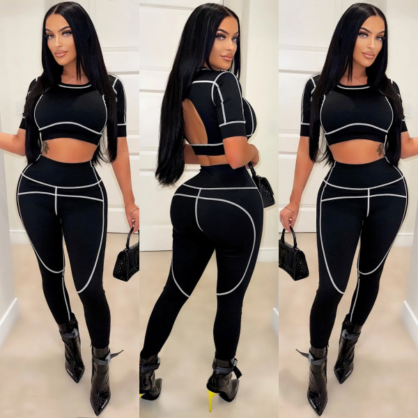 Fashion New Casual Tight Sports Short Sleeve Solid Color Pants Two Piece Set