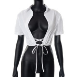 Solid Color Lapel Cardigan Lace-Up Crop Short Sleeve T-Shirt Top