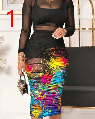 Black Short Skirt Top with Vintage Print Sexy Mesh Midi Dress Three Piece