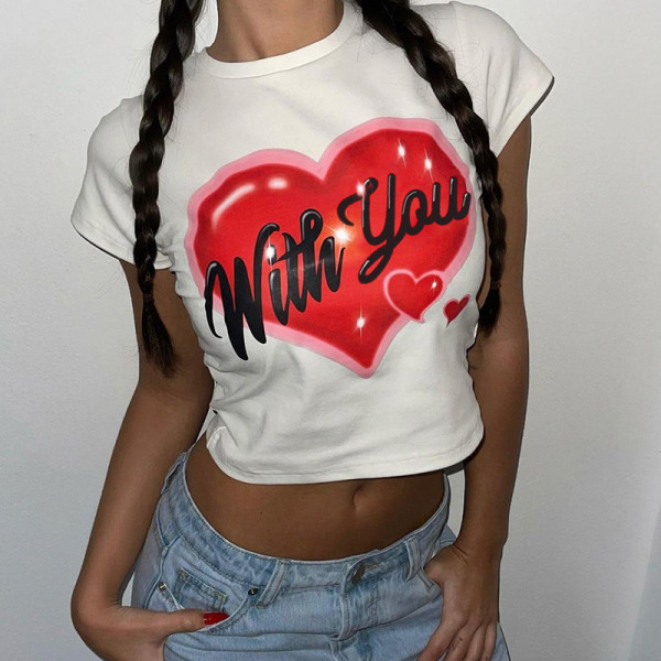 Women's Fashion Small Fresh Contrast Color Love Letter Print Navel Cropped T-Shirt