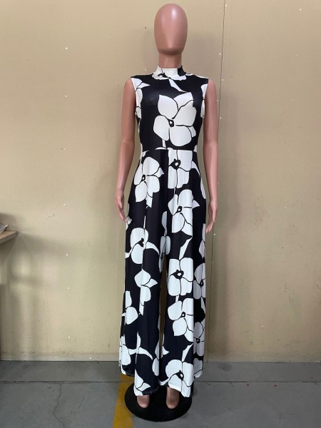 Women's Sexy Sleeveless Printed Wide Leg Pants Jumpsuit