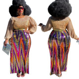 Fashion Casual Colorful Sequin Puff Sleeve Slit Pack Hip Dress