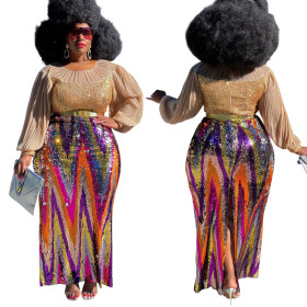 Fashion Casual Colorful Sequin Puff Sleeve Slit Pack Hip Dress