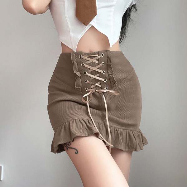 Sexy low waist lace stitching lace-up skirt