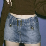 Fashion Metal Buckle Hip Denim Short Skirt