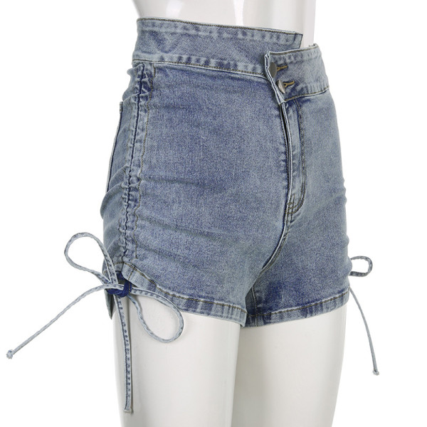 Fashion sexy oblique button denim shorts drawstring straps pleated hip hot pants