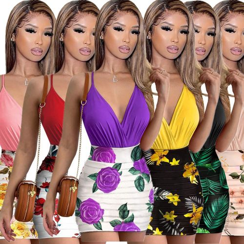 Sexy fashion suspender jumpsuit with trendy gathered print skirt