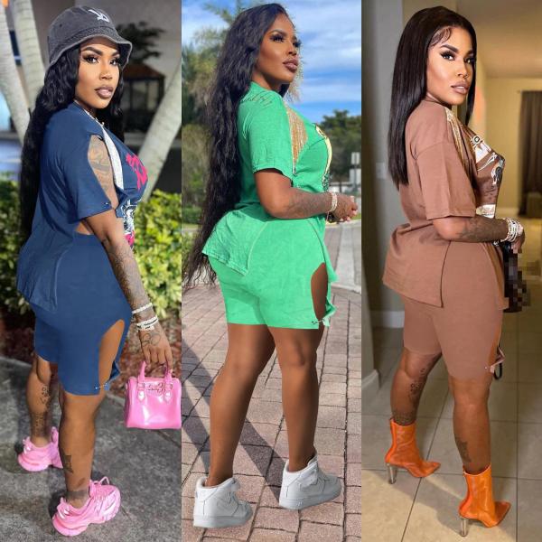 Printed Hip Hop Street Slit Fringe Short Sleeve T-Shirt Shorts Set