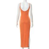 women's solid color suspenders open back high slit slim long dress