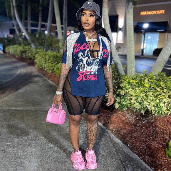 Printed Hip Hop Street Slit Fringe Short Sleeve T-Shirt