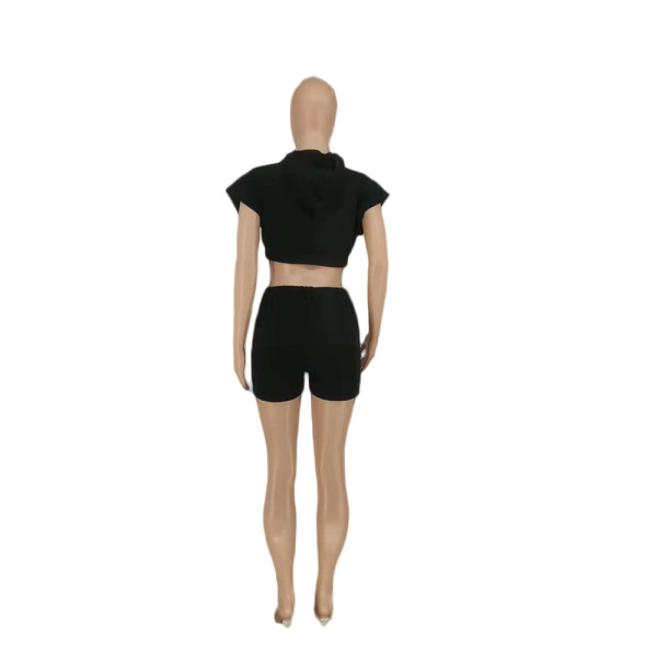Eyelet Tie Hooded Short Sleeve Solid Shorts Set