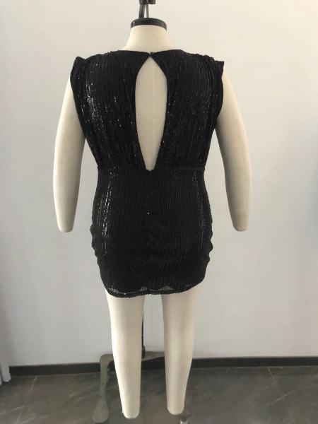 Fat Woman Plus Size Women's Black Sequin Deep V Sleeveless Hip Dress