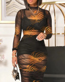 Black Short Skirt Top with Vintage Print Sexy Mesh Midi Dress Three Piece
