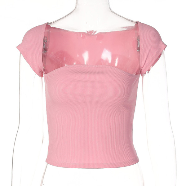 Women's Fashion One Shoulder Square Neck Sexy Slim Navel Short Sleeve T-Shirt Women