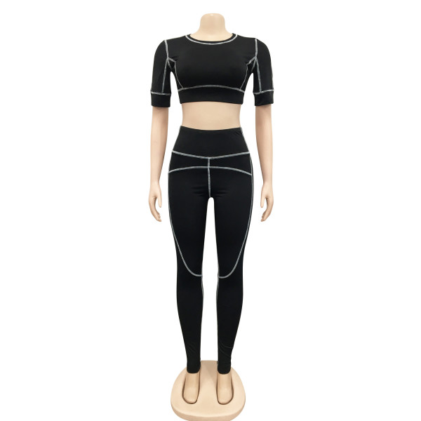 Fashion New Casual Tight Sports Short Sleeve Solid Color Pants Two Piece Set