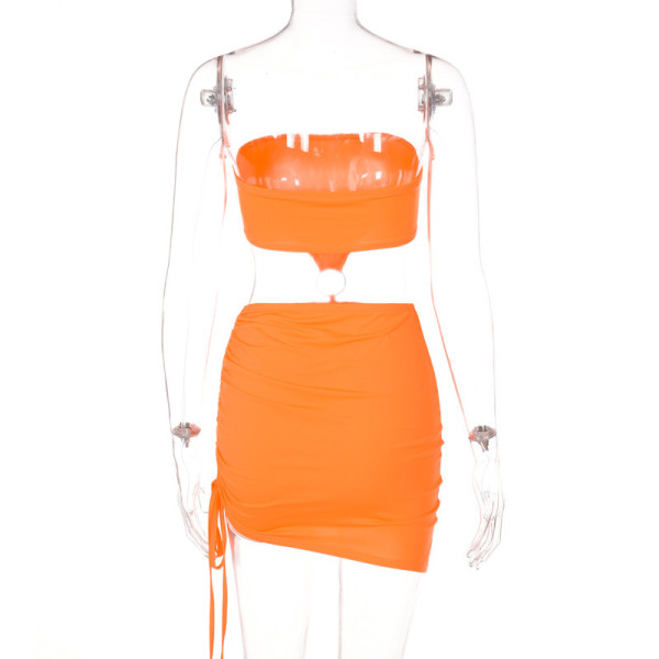 Fashion Sleeveless Hollow Drawstring Wrap Breast Sexy Short Skirt Dress