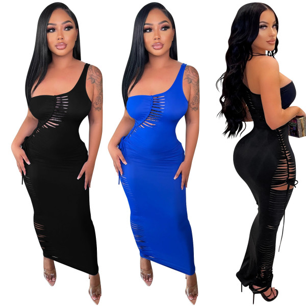 Fashion Solid Color Women's Burning Flower Sexy Sling Wrap Breast Long Skirt Dress