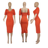 Solid Pleated Short Sleeve Open Back Stretch Fitted Dress