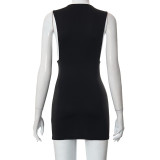Solid color round neck sleeveless high waist bag hip mini dress women