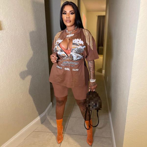 Printed Hip Hop Street Slit Fringe Short Sleeve T-Shirt Shorts Set