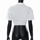 Solid Color Lapel Cardigan Lace-Up Crop Short Sleeve T-Shirt Top