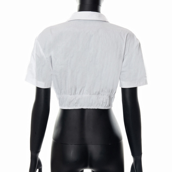 Solid Color Lapel Cardigan Lace-Up Crop Short Sleeve T-Shirt Top