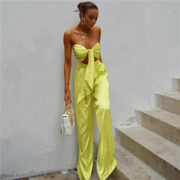 Women's Short Navel Tube Top High Waist Bag Hip Wide Leg Pants Casual Suit Women