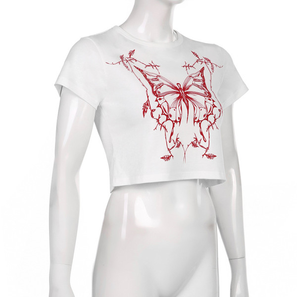 Casual style contrast color butterfly print navel T-shirt sweet and spicy style slim basic all-match top