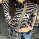 Street Style Striped Print Short Sleeve T-Shirt Women Slim