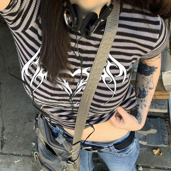 Street Style Striped Print Short Sleeve T-Shirt Women Slim