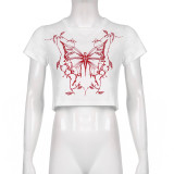 Casual style contrast color butterfly print navel T-shirt sweet and spicy style slim basic all-match top