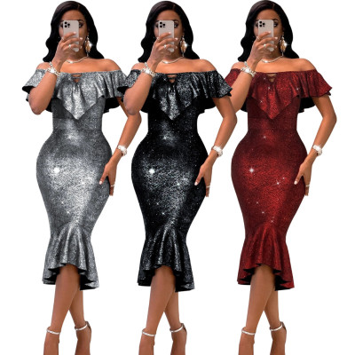Sexy fashion night show women's one word collar tube top dress