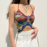 Women's Butterfly Print Colorful Halter Strap Sexy Tank Top