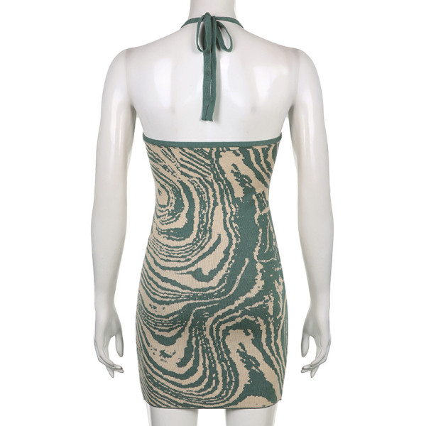 Sexy pattern halter neck bandage woolen dress slim hot girl revealing backpack hip skirt