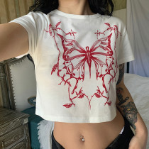 Casual style contrast color butterfly print navel T-shirt sweet and spicy style slim basic all-match top
