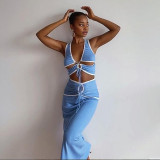 Women's Fashion Contrast Color Sexy Hollow Vest High Waist Pack Hip Skirt Suit