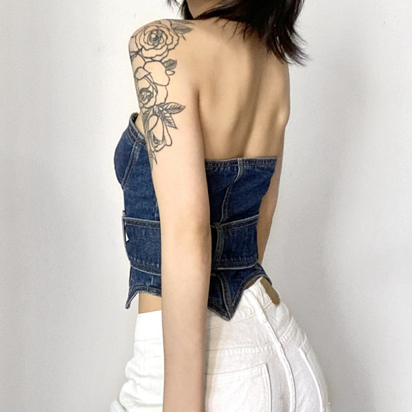 Celebrities with the same street hot girl sexy one-shoulder heavy industry corset denim vest new irregular chest top