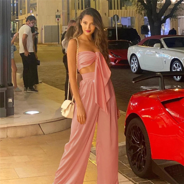 Women's Short Navel Tube Top High Waist Bag Hip Wide Leg Pants Casual Suit Women