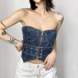 Celebrities with the same street hot girl sexy one-shoulder heavy industry corset denim vest new irregular chest top
