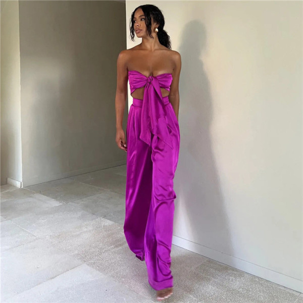 Women's Short Navel Tube Top High Waist Bag Hip Wide Leg Pants Casual Suit Women