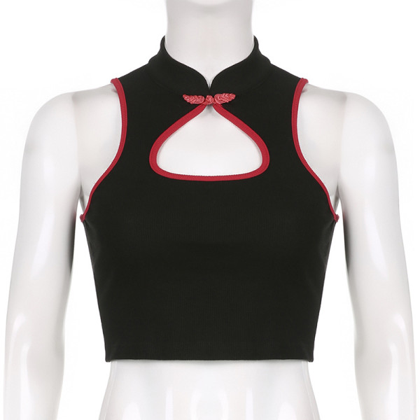 Small fresh Chinese wind plate buckle hole sleeveless small vest new color matching waist bottoming top