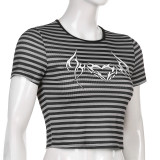 Street Style Striped Print Short Sleeve T-Shirt Women Slim