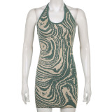 Sexy pattern halter neck bandage woolen dress slim hot girl revealing backpack hip skirt