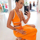 Women's Fashion Contrast Color Sexy Hollow Vest High Waist Pack Hip Skirt Suit